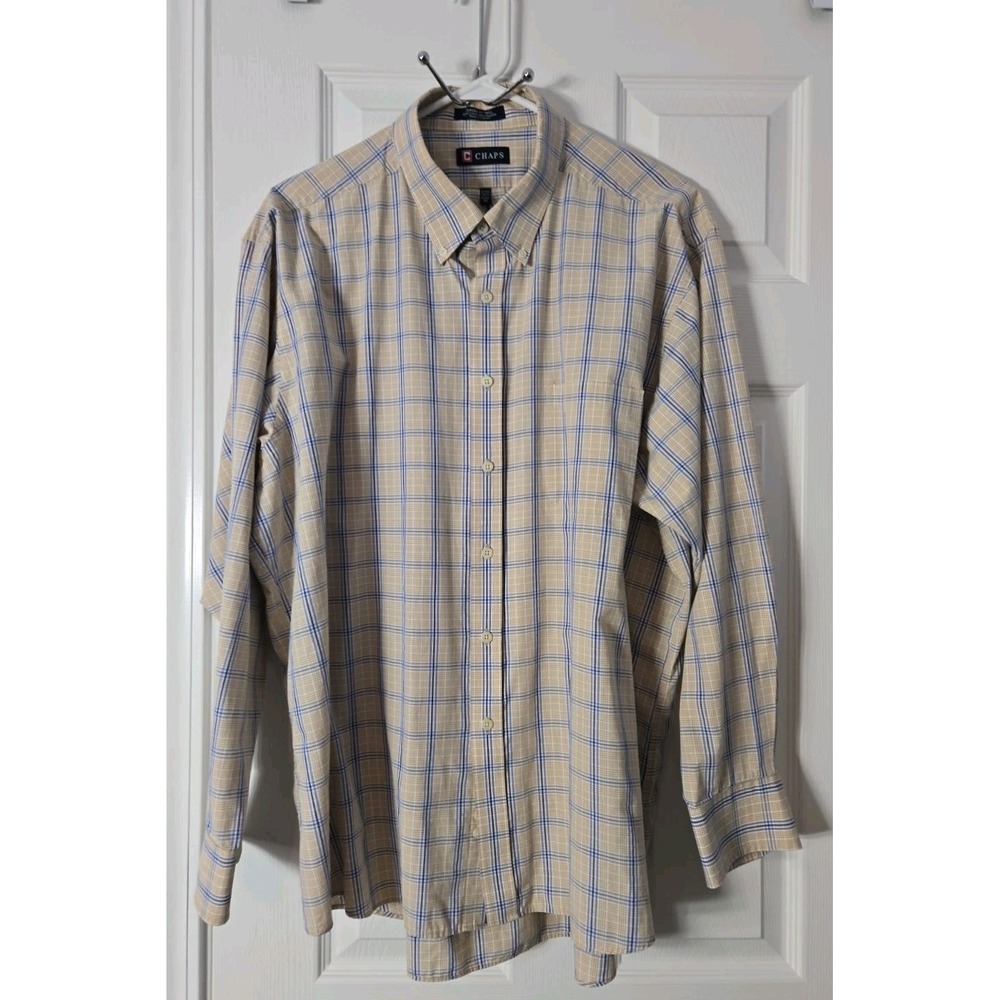 Chaps Mens Classic Fit Twill Dress Shirt Tan, Blue‎ Checkers Size 18-18.5 34/35